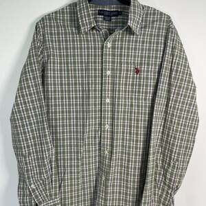 U.S. Polo Assn. Men's Green and Navy Plaid Long Sleeve Button Down Shirt Medium